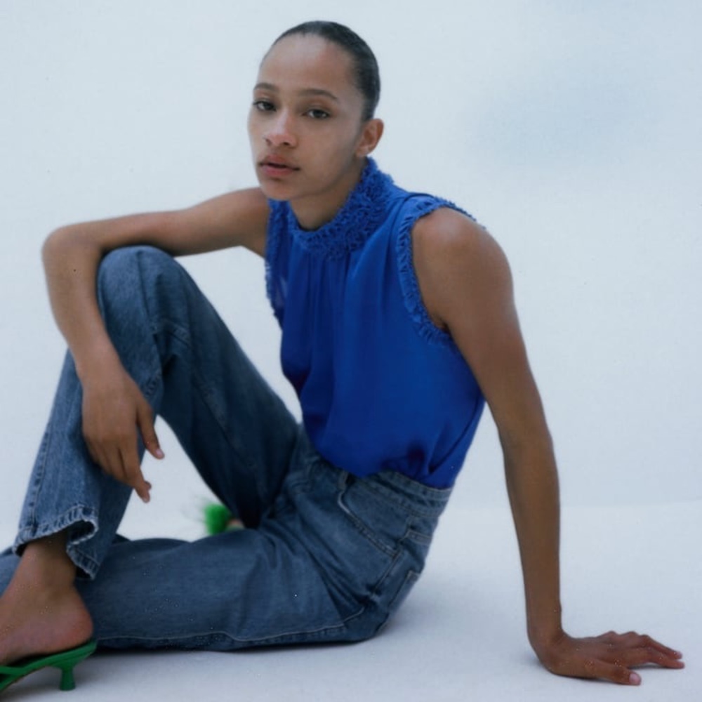 NWT Zara HIGH COLLAR BLUE SATIN EFFECT TOP